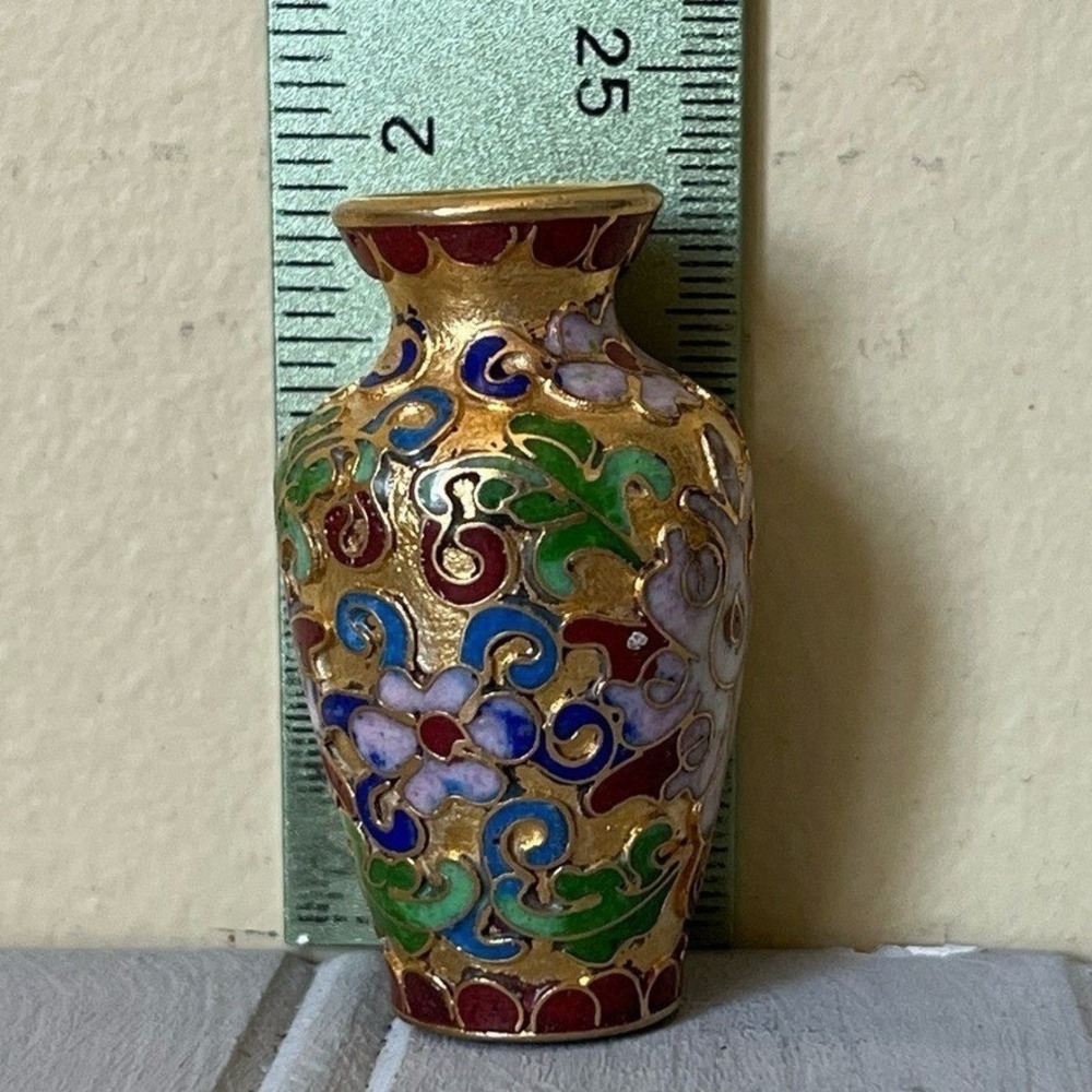 Vintage Miniature Cloisonne Style Gold Tone Background Floral Vases With Bases - Picture 6 of 9